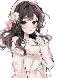 1boy black_eyes brown_eyes brown_hair clothed clothing crossdressing dress femboy flower flower_in_hair graduated_vtuber hair_ribbon highres indie_virtual_youtuber long_hair moenaomii moenaomii_(virtual_youtuber) virtual_youtuber vtuber white_background