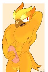 2023 abs anthro armpits avian balls beak bird brawl_stars completely_nude completely_nude_male corvid corvus_(genus) crow_(brawl_stars) erection feathers gold_feathers hand_behind_head holding_penis looking_at_viewer male male_focus male_only muscles muscular muscular_anthro muscular_male nipples nude nude_male open_beak pecs penis phoenix red_eyes simple_background solo solo_focus solo_male standing supercell supercell_(company) tail