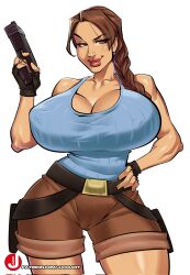 big_breasts bimbo braid breasts brown_eyes brown_hair busty female female_focus female_only gun hourglass_figure iacolare jacogram lara_croft lara_croft_(classic) large_breasts long_hair short_shorts standing tank_top tomb_raider wide_hips