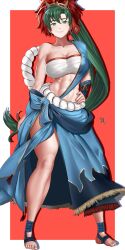 1girls abs absurdres alternate_costume arcedo bandages bandeau breasts chest_sarashi commentary female female female_only fire_emblem fire_emblem:_the_blazing_blade fire_emblem_heroes full_body green_eyes green_hair highres large_breasts long_hair looking_at_viewer lyn_(fire_emblem) lyn_(flame)_(fire_emblem) midriff nintendo official_alternate_costume sarashi single_bare_shoulder skindentation smile solo standing stomach strapless thighs tube_top very_long_hair