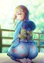 1boy androgynous ass ass_focus barefoot blonde_hair blush bottom_heavy crossdressing feet femboy from_behind girly girly_boy hand_fan highres huge_ass japanese_clothes kimono kneeling long_hair looking_at_viewer looking_back male male_focus male_only natsusora_wakana nobady oc original original_character otoko_no_ko pantylines shiny_clothes shiny_skin smile soles solo toes trap uchiwa wide_hips yellow_eyes yukata