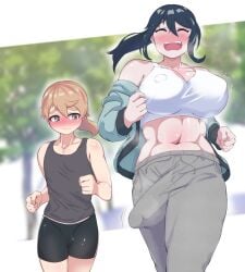 1boy 1futa big_breasts blonde_hair blush breasts bulge clothed clothing erection erection_under_clothes femboy fully_clothed futa_giantess futa_is_bigger futa_on_femboy futanari huge_cock human jogging light-skinned_futanari light-skinned_male light_skin male mini_giantess muscle_girl na-ra(zincsbetle) penis penis_size_difference penis_under_clothes short_hair side_by_side size_difference solo_futa standing sweat sweatdrop sweating swinging_penis trap zincsbetle