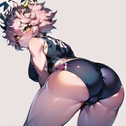 1girls ai_generated ass ass_focus bent_over black_sclera cameltoe female female_only gym_uniform looking_at_viewer looking_back mina_ashido my_hero_academia onkomaker pink_hair pink_skin short_hair shorts sportswear yellow_eyes