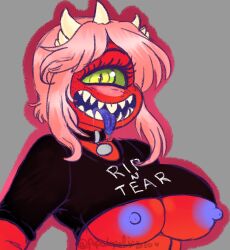 big_breasts blue_nipples blue_tongue cacodemon cacodemon_(doom) collar cookie_demon_(robotjoe) cyclops english_text eyelashes green_eyes necklace pink_hair shirt shirt_lift shirt_up smiling spikes tongue_out