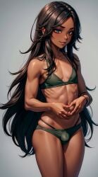 1boy ai_generated bra brown_hair bulge dark-skinned_male dark_skin femboy feminine_male green_bra green_panties male male_only seaart.ai trap