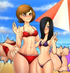 2girls abs ass ass_focus ass_grab beach big_ass bikini biting_lip black_hair exhibitionism female female_only grabbing grabbing_ass grabbing_from_behind heart-shaped_pupils helen_parr incest lesbian mother_and_daughter multiple_girls one_eye_obstructed pulling_panties purple_bikini red_bikini shadikbitardik sideass summer the_incredibles v_sign violet_parr wedgie yuri