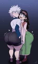 2boys alluka_zoldyck ambiguous_gender androgynous ass bangs big_ass big_butt black_hair blue_eyes blush blush_lines blushing_at_viewer bottom_heavy bulge bulge_under_clothes butt clothed clothing erection erection_under_clothes erection_under_clothing fat_ass fat_butt female femboy fully_clothed girly heart huge_ass huge_butt huge_cock human hunter_x_hunter implied_incest implied_kiss killua_zoldyck long_hair looking_at_viewer looking_back looking_back_at_viewer male pale-skinned_male pale_skin penis precum saliva saliva_trail shounen_jump siblings standing teapot_(body_type) thick_ass thick_butt thick_thighs white_hair wide_hips yamathegod