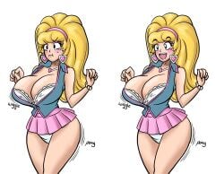 bimbo bimbofication blonde_hair blue_eyes color edit empty_eyes female_only identity_death kobi-tfs large_breasts mind_break miniskirt thick_thighs