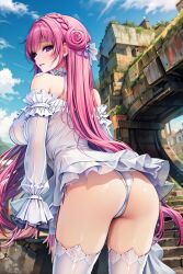 ai_generated ass bare_shoulders blush breasts cameltoe detached_sleeves dorothy_(nikke) double_bun dress female from_behind goddess_of_victory:_nikke hair_ribbon half_updo large_breasts leaning leaning_forward long_hair looking_at_viewer pink_hair purple_eyes shiny shiny_hair shiny_skin short_dress sideboob skirt smile solo thick_thighs thighhighs thong very_long_hair