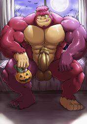 1boy 2023 anthro ape balls barazoku big_balls big_penis costume fat_cock frankenstein frankenstein's_monster fur furry gay gojho gorilla halloween halloween_costume hi_res highres holidays huge_cock literature looking_at_viewer male male_focus male_nipples male_only mammal manly monster muscular_anthro nipples penis public_domain pumpkin solo solo_male