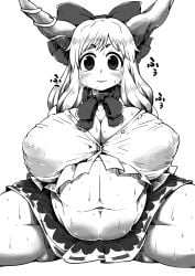 1girls bow breasts female hairbow horns ichigou_kotou large_breasts long_hair monochrome oni plump solo_female suika_ibuki touhou