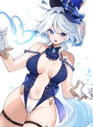 1girls ahoge bare_shoulders blue_eyes blue_hair blue_headwear breasts cleavage furina_(genshin_impact) genshin_impact grey_hair heterochromia highleg long_hair medium_breasts mindoll multicolored_hair navel open_mouth solo straight_hair thighs top_hat white_background white_gloves