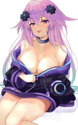 adult_neptune bare_shoulders big_breasts bimmy blush choker d-pad_hair_ornament light-skinned_female long_hair looking_at_viewer neptunia_(series) purple_eyes purple_hair simple_background solo tongue_out undressing