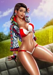 1girls azucena_milagros_ortiz_castillo bandai_namco big_breasts bikini breasts brown_eyes brown_hair cleavage curvy dark-skinned_female dark_skin female female_only fingerless_gloves flag_bikini gloves jacket latina lips lipstick looking_at_viewer maltoniko open_jacket peruvian_female peruvian_flag peruvian_flag_bikini red_lipstick short_jacket sitting tekken tekken_8 tomboy