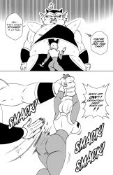 1boy 1girls ass ass_slap big_ass big_breasts black_and_white breasts bulma_briefs dragon_ball dragon_ball_super dragon_ball_z funsexydragonball larger_male monochrome saiyan_armor short_hair size_difference smaller_female spacesuit spanking sweat