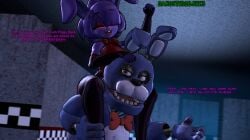 1boy animatronic_female animatronic_girl bonfie bonfie_(cryptia) bonnie_(cally3d) bonnie_(fnaf) bowtie breasts dialogue female female five_nights_at_freddy's fredina's_nightclub fully_clothed haunted long_gloves male piggyback_ride possessed red_bowtie resturant robot_girl robot_humanoid text thighhighs ultimate_custom_night