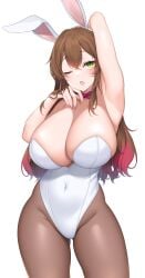 1girl 1girls 2023 arm_behind_head big_breasts breasts brown_hair bunny_ears bunny_ears_(cosmetic) bunnysuit female female_focus female_only green_eyes long_hair looking_at_viewer one_eye_closed pantyhose red_highlights solo solo_focus suruga_(xsurugax) thick_thighs very_high_resolution white_background