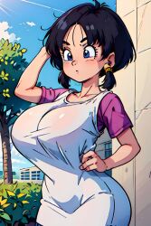 ai_generated big_ass big_breasts black_hair blue_eyes dragon_ball dragon_ball_super dragon_ball_z huge_breasts pink_shirt pink_undershirt rin8608 short_hair videl white_apron