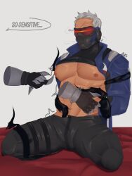 abs ashenonedraws bara bodysuit bulge erection heavy_breathing highres jacket latex latex_bodysuit male_focus male_only masked mature_male nipple_tweak nipples old old_man open_clothes open_jacket overwatch overwatch_2 pectorals reaper shadow soldier_76 speech_bubble spread_legs yaoi