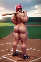 absurd_res ai_generated ass back back_muscles baseball baseball_bat baseball_field biceps big_ass blonde_hair female female_only helmet knoworai muscular muscular_female naked_shoes outdoors ponytail realistic solo sport stable_diffusion thick_thighs