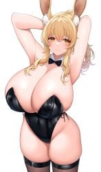 1girls 2023 arms_behind_head big_breasts blonde_hair bunny_ears bunny_girl bunnysuit detached_collar ear_tuft female female_only hi_res huge_breasts looking_at_viewer neck_ribbon smiling smiling_at_viewer solo stockings suruga_(xsurugax) thick_thighs thigh_squish white_background yellow_eyes