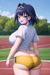 1girls ai_generated ass bloomers blue_eyes blue_hair breasts cute_fang dat_ass female gym_clothes gym_uniform hi_res hololive hololive_english hololive_english_-council- huge_ass huge_breasts light-skinned_female light_skin mogumachine naughty_face ouro_kronii outdoors shirt short_hair smile sportswear stable_diffusion thick_thighs virtual_youtuber white_shirt