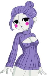 animatronic animatronic_female ballora ballora_(fnafsl) black_eyes boob_window female female five_nights_at_freddy's five_nights_at_freddy's:_sister_location humanoid looking_at_viewer pale pantsless pink_cheeks purple_hair purple_lipstick purple_sweater robot_girl robot_humanoid sister_location solo ultimate_custom_night white_background white_skin