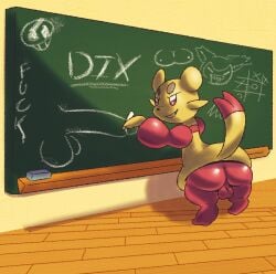 2023 anthro ass backsack balls chalk chalkboard chalkboard_eraser english_text evil_grin femboy fur generation_5_pokemon genitals male mienfoo mincheeto nintendo penis_drawing pink_body pink_fur pokemon pokemon_(species) profanity skitty smile solo text tic-tac-toe yellow_body yellow_fur