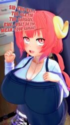 1girls 3d apron blackflames3 blue_apron blush_lines breasts bulge busty caption clavicle cleavage clothed clothing curled_horns cute_fang dialogue employee_uniform english_text female female_focus height_difference horns huge_breasts ilulu_(dragon_maid) index_finger_raised innuendo kobayashi-san_chi_no_maidragon koikatsu larger_male light-skinned_female light_skin long_sleeves male male_out_of_frame miss_kobayashi&#039;s_dragon_maid pink_eyes pink_hair red_eyes red_hair sfw shorter_female shortstack size_difference slit_eyes small_but_busty smaller_female strawberry_blonde_hair text work_uniform yellow_horns