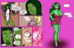 2girls ass_expansion big_breasts bimbo bimbo_body bimbofication bimbofied brainwashing breast_expansion comic dialogue dixiedrawsstuff dress english_text female female_only fishnets green-skinned_female green_skin hair_growth high_heels hoop_earrings huge_ass huge_breasts hulk_(series) large_breasts lip_expansion marvel marvel_comics personality_change she-hulk short_dress speech_bubble text thick_lips thick_thighs thigh_expansion thighhighs transformation wide_hips