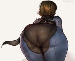 1girls ass ass_focus ass_view back_view bent_over big_ass bodysuit brown_hair clothing female fluffydango hi_res human makoto_niijima pale_skin persona persona_5 phantom_thief_suit scarf short_hair skin_tight solo tight_clothing