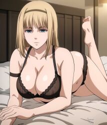 1girls ai_generated attack_on_titan blackphoen43 blonde_hair bra goddess looking_at_viewer solo tagme underwear ymir_fritz