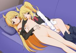 2girls ahoge blonde_hair blush bocchi_the_rock! bow bowtie breasts clothes_lift clothes_pull couch highres ijichi_nijika ijichi_seika incest indoors long_hair luke_(b10a3123m) lying masturbation multiple_girls navel nipples on_back on_side one_eye_closed open_mouth orange_eyes panties panties_around_one_leg pillow pussy pussy_juice red_eyes school_uniform shirt_lift siblings side_ponytail sisters skirt skirt_pull small_breasts sweat thigh_gap uncensored underwear very_long_hair yuri