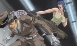 1boy1girl blue_hair boots discipline:record_of_a_crusade face_paint kicking large_breasts martial_arts military_uniform miyagishi_yuuki short_hair