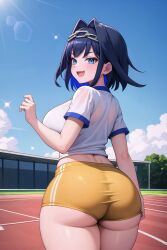 1girls ai_generated ass bloomers blue_eyes blue_hair breasts cute_fang dat_ass female gym_clothes gym_uniform hi_res hololive hololive_english hololive_english_-council- huge_ass huge_breasts light-skinned_female light_skin mogumachine naughty_face ouro_kronii outdoors shirt short_hair smile sportswear stable_diffusion thick_thighs virtual_youtuber white_shirt