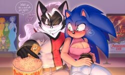 1boy 1girls 5:3 anthro black_body black_fur blue_body breasts canid canine canis cleavage clothed clothing dialogue duo english_text erection erection_under_clothing eulipotyphlan fur gynomorph gynomorph/male hedgehog hi_res infinite_(sonic) intersex intersex/male jackal krazyelf male male_villain mammal mtf_transformation multicolored_body multicolored_fur rule_63 sega sonic_(series) sonic_forces sonic_the_hedgehog sonic_the_hedgehog_(series) sonique_the_hedgehog tan_body text two_tone_body two_tone_fur white_body white_fur