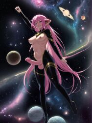 1futa 1futanari ai_generated breasts cosmos costume futa_only futanari large_breasts large_penis long_hair nsfw penis pink_eyes pink_hair potionart stable_diffusion superhero superman_position