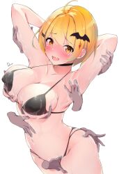 armpits arms_behind_head bikini blush choker collar dermar disembodied_hand disembodied_hands fondling heavy_blush hololive hololive_gen_1 hololive_japan lotion micro_bikini nervous_smile nipple_bulge virtual_youtuber yozora_mel