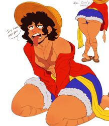 artist_request big_ass big_butt black_hair femboy huge_ass male male_only monkey_d_luffy one_piece post-timeskip sandals scar shorts solo straw_hat thick_femboy thick_thighs tongue tongue_out wide_hips