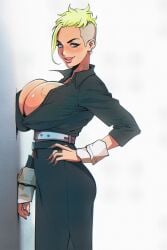 1girls against_wall ass balak big_breasts blazer blonde_hair breast_press breasts_against_wall bulging_breasts cleavage cuffs_(clothing) ear_piercing earrings female fully_clothed huge_breasts human human_only lips mature_female pencil_skirt seductive skirt solo undercut