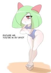 bulge_through_clothing eyeshadow femboy generation_3_pokemon high_heels humanoid kirlia male_kirlia pokémon_(species) pokemon pokemon_(species) sandals sealguy swimsuit text