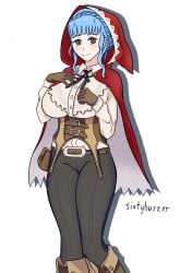 1girls alternate_costume bangs blue_hair braid breasts brown_eyes cape cosplay female female_only fire_emblem fire_emblem:_three_houses fire_emblem_fates gloves hands_on_own_chest hood large_breasts long_sleeves looking_at_viewer marianne_von_edmund pants short_hair sixtybuzzer smile solo velouria_(fire_emblem)_(cosplay) white_background