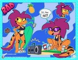 bikini character_sheet claws doodle feathered_dinosaur jurassiczalar long_hair original original_characters purple_eyeshadow purple_feathers purple_hair raptor roxie_(jurassiczalar) roxie_raptor roxy_(jurassiczalar) stripes summer sunglasses surfboard teeth yellow_sclera