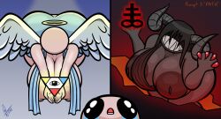 2girls big_ass big_breasts bottomwear demon demon_girl female halo heaven hell huge_ass huge_breasts inner_sideboob multiple_girls nude sideboob supermoonshroom the_binding_of_isaac topless uriel_(the_binding_of_isaac)