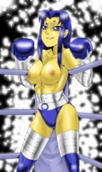 1girls 2d alien alien_girl alien_look_like_human areola blackfire blue_boxing_gloves blue_clothing blue_eyes blue_gloves blue_hair boxing boxing_gloves boxing_ring breasts clothing dc dcau elbow_gloves erect_nipples female female_only gloves half-closed_eyes komand'r long_hair nipples no_bra panties pugilismx shiny_skin simple_background solo stockings straight_hair tamaranean teen_titans teeth thick thick_thighs thighhighs thighs topless topless_boxing wide_hips yellow-skinned_female yellow_skin