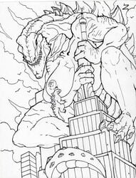 artist_request breasts building city claws female giantess godzilla godzilla_(series) kaiju macro_female micro_male micro_on_macro monochrome nipples nude outdoors rule_63 size_difference tagme tail zilla