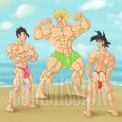 abs barefoot beach biceps broly broly_(dragon_ball_z)_1993 color day dragon_ball dragon_ball_z flexing flexing_both_biceps flexing_muscles hotcha legendary_super_saiyan male male_only multiple_males muscles outdoors pecs pose son_gohan son_goku speedo standing topless yaoi