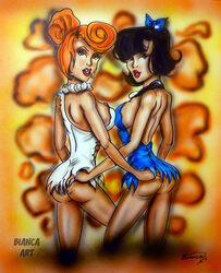 2girls ass ass_grab betty_rubble bianca_(artist) black_eyes black_hair bottomless dress female female_only green_eyes hanna-barbera human lipstick multiple_girls orange_hair red_hair sideboob the_flintstones wilma_flintstone yuri