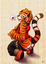 female female_only flashing flashing_breasts kung_fu_panda looking_at_viewer master_tigress masturbation one_breast_out ozu_(artist) seductive seductive_look source_request squatting tagme tiger vaginal_fingering year_request