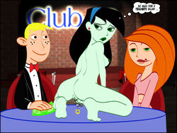 1boy 2girls anal_beads anus ben_wa_balls black_hair breasts club_33 col_kink disney disney_channel female green_skin hairband human kim_possible kimberly_ann_possible licking_lips male miss_go money multiple_girls orange_hair public redhead ron_stoppable shego straight_hair strip_club stripper yuri